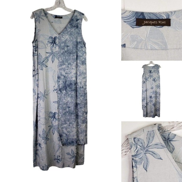 Vintage Jacque-E 100% Linen Maxi Dress Lagenlook Size Medium Blue Floral Resort - Picture 1 of 11